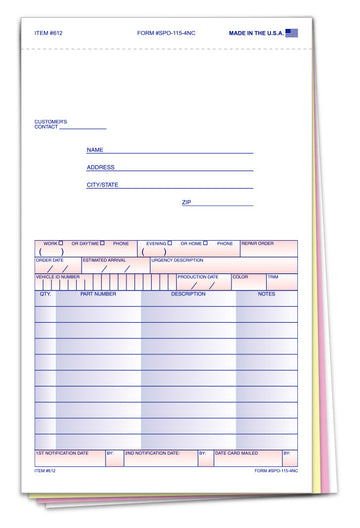 Special Parts Order Form, SPO-115-4NC